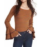 Andthewhy Brown Striped Bell Sleeve Top Sz M