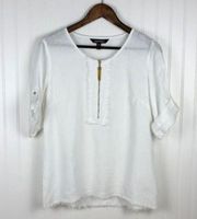 Ellen Tracy Womens White Round Neck Pullover Quarter Tab Sleeve Frayed Blouse Sm