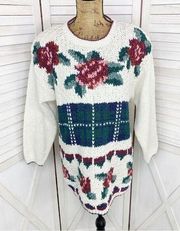 Carolina Colours Vintage Floral Chunky Sweater Cream Maroon Pink Medium