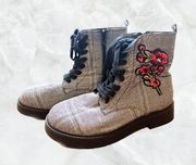 Grunge Preppy Grey Plaid Boots with Flower Patch, Black Laces, and Zipper