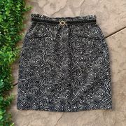 Anthropologie Elevenses Painted Night Belted Swirl Pencil Skirt Black White Sz 8