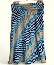 Ladies flared full midi length blue striped cotton blend skirt size XS