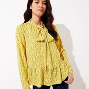 Yellow Floral Peplum Tie Neck Long Sleeve