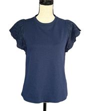 Charter Club Small Sweatshirt Top Flutter Cap Sleeve Stretch Crew Neck Navy Blue