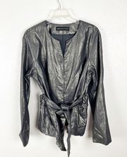 DANA BUCHMAN Metallic 100% Linen Silk Lining Attached Belted Waist Blazer, 14