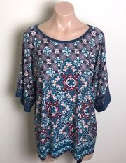 Ruby Rd. Blue Pink White Pattern Top Blouse Medium