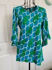 Escapada Top Blouse Trumpet Ruffle 3/4 Sleeves Tropical Green & Blue Print XS