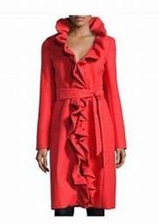 Flame Red Ruffle Front Belted Knee-Length Coat Size 4 NWT