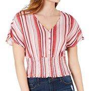 Crave fame New  Striped Button Front Crop Top V-Neck Smocked Hem Pink Red Juniors Size Large