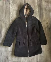 Kate spade Reversible Faux Shearling Quilted Hooded Jacket Black Tan Small NWT