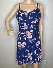 NWT  Ruffled Floral Mini Spaghetti Straps Dress Blue White Coral L