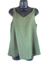 Cupio Blush Olive Green 100% Linen Slim Strap Tank-top