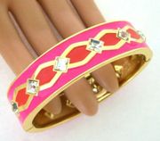 ANNE KLEIN PINK CORAL ENAMEL GOLDTONE BLINGE HINGED CLAM CUFF BRACELET