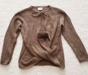 Brown Twisted Pom Pom Tie Neck Sweater