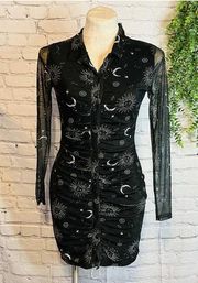 Justify Dress M Black Star Moon Celestial Ruched Button Down Mesh Witch Goth