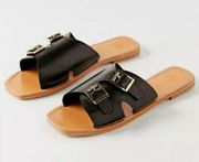 Urban Outfitters Rebecca Leather Double Buckle Flat Slide Mule Sandals Black 7