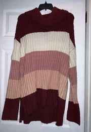 Size large pink red white multicolor cowl neck plush sweater chunky striped