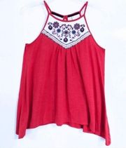 Xhilaration Bright Red Floral Embroidered Tank Top