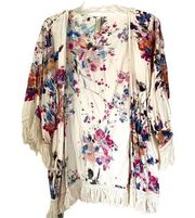 Giddy Up Glamour Cream Pink Floral Fringe Bohemian Kimono Size Small