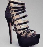 BEBE Nadiya Black Patent Leather Gold Zip High Heels Sandals Strappy Size 7