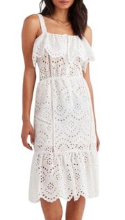 White Floral Eyelet Scalloped Ruffle Tiered Midi Dress