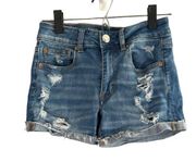 American Eagle  Blue Distressed Ripped Super Stretch Denim Jean Shorts Women Sz 2