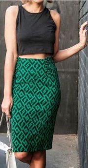 Diane Von Furstenberg High Rise Geometric Ruched Midi Skirt Green Women's Size 4
