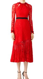 Split Tease Midi Dress LG 10 Red Lace Long Sleeve Special Occasion