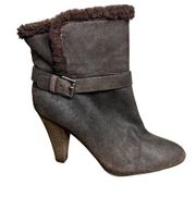 Heeled Boots 10 Women Brown Leather Suede Shearling Wool Lined Buckle Ankle