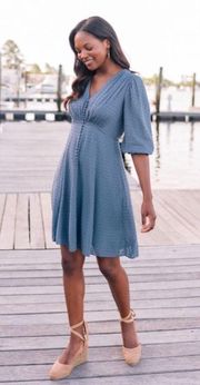 NWT  Andrea Smocked Shoulder Clip Dot Fit & Flare Dress Retro Blue