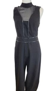 Adelyn Rae Women's Black Faux Leather Trim Mock Neck Wide Leg Jumpsuit Sz M