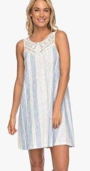 Azure Escape Sleeveless Striped Dress with Crochet Yoke Blue White Medium