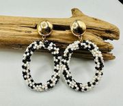 INC Black White Seed Bead Oval Drop Earrings