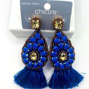 NWT Chico’s Royal Blue Beaded Teardrop Earrings with Bottom Fabric Tassels