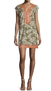 Calypso St. Barth Malka Embellished Sheath Dress Camo Green and Orange Size XS