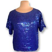 Vintage Jean For Joseph Le Bon Shirt Blue Metallic Sequins Silk Short Sleeve