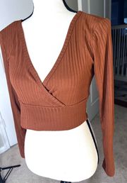 No Comment Burnt Orange Crop Long Sleeve Wrap Plunge Shirt size S Small Stretchy