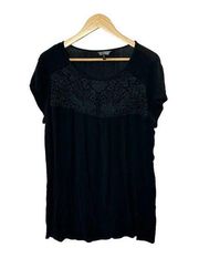 Nicole Miller New York Cap Sleeve Black Blouse Crochet Neckline Women's XL