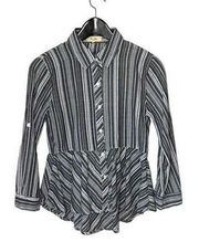 Love Notes Womens Button Up Top Blouse Striped Peplum Long Sleeve Gray Medium