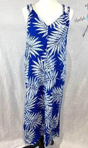 Blue and white linen blend tropical print double strap midi dress size medium