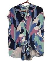 Short Sleeve Brickell Tie Top Floral Navy Multi Colorblock Daffodils M