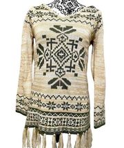 Flying Tomato Womens Sweater Beige  Hoodie Fringe Aztec Shrug Long Sleeve SZ S.