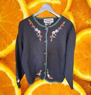 Obermeyer Black Floral Embroidered Button Up Sweater‎ Size Large