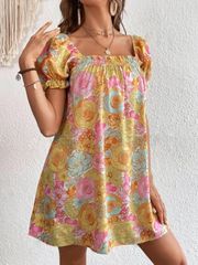 Silk Floral Mini Puff Sleeve Dress