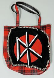 Red Black Plaid Checkered Dead Kennedys Punk Band Patch Studded Leather Tote Shoulder Bag Pocketbook Purse Handbag Satchel ⛓️♥️🔪