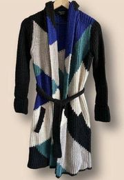 Vertigo Open Front Long Cardigan - Colorblock - Blue Multi/Black Multi