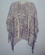 Sun & Shadow Shawl Poncho Sweater Cardigan Tribal Aztec Boho Fringe Tan Cream