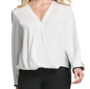 DKNY Women's Crepe Colorblock High Low Surplice Blouse White