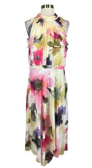 Adrianna Papell Women's Dress Size 16 Pink Floral Print Chiffon High Low Halter
