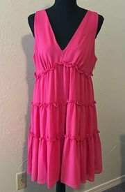 Hot pink tiered ruffle v neck mini dress